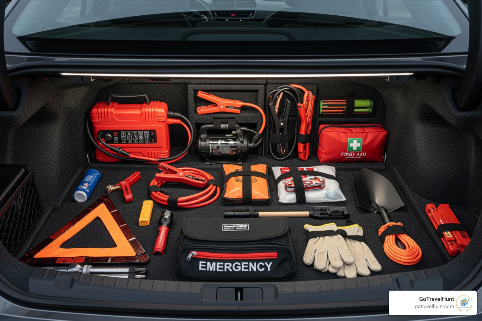 a well-stocked car emergency kit in a trunk - ultimate road trip packing list a well-stocked car emergency kit in a trunk - ultimate road trip packing list
