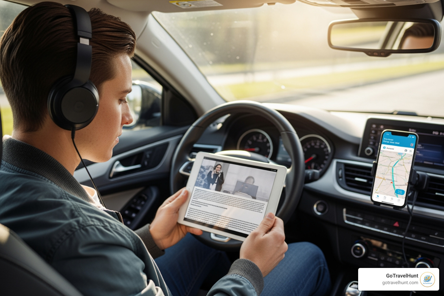 passenger using a tablet with headphones while a phone is mounted on the dashboard for navigation - ultimate road trip packing list passenger using a tablet with headphones while a phone is mounted on the dashboard for navigation - ultimate road trip packing list