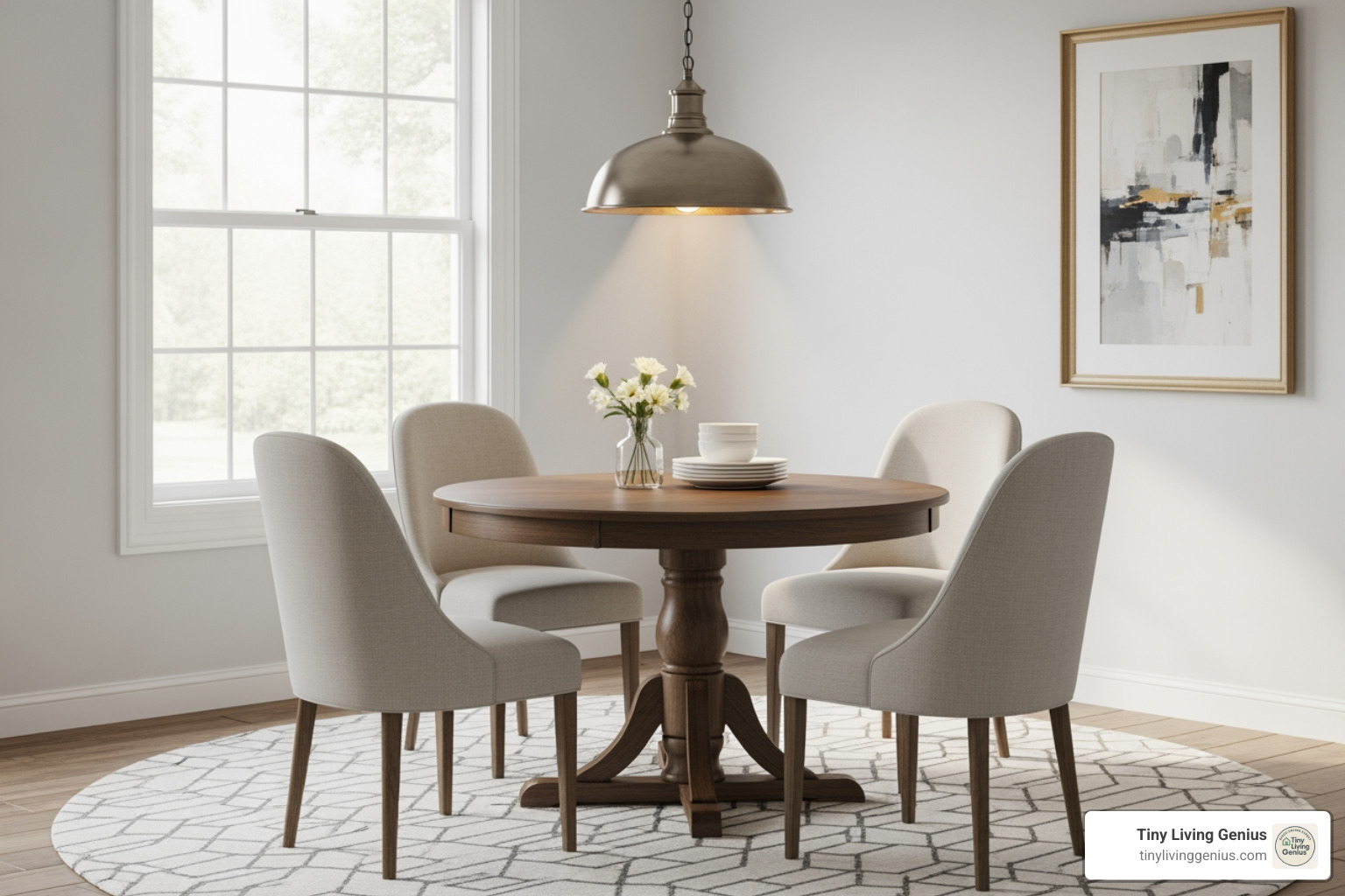 small dining area with round rug and pendant light - creative dining table ideas for small spaces