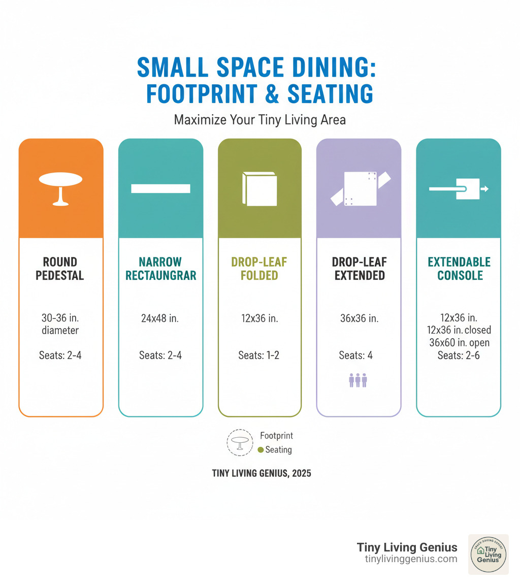 Infographic comparing the footprint and seating capacity of different small dining table types: round pedestal (30-36 inch diameter, seats 2-4), narrow rectangular (24x48 inches, seats 2-4), drop-leaf folded (12x36 inches, seats 1-2), drop-leaf extended (36x36 inches, seats 4), and extendable console (12x36 inches closed, 36x60 inches open, seats 2-6) - creative dining table ideas for small spaces infographic 