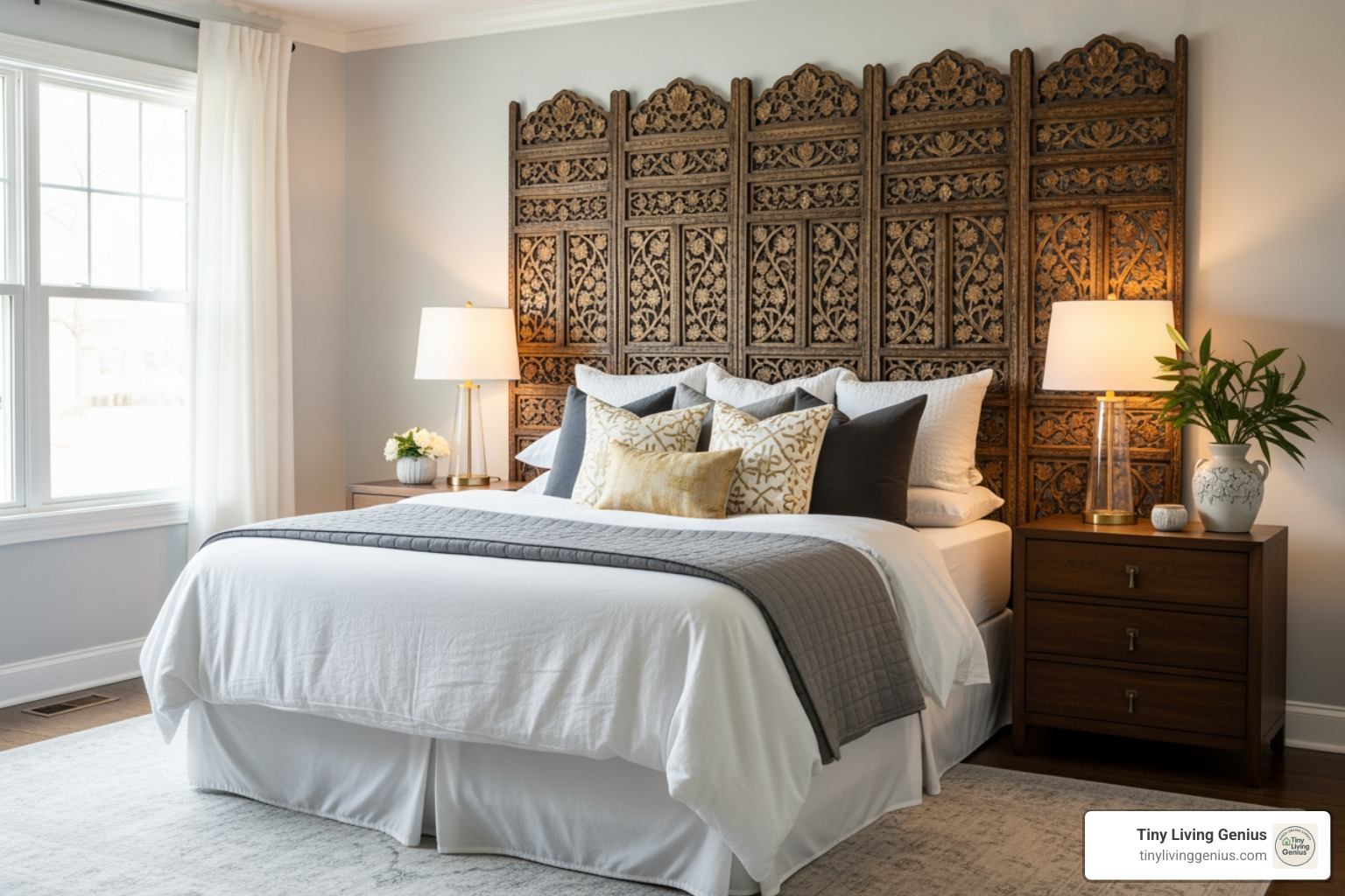 A large, decorative folding screen used as a headboard behind a bed - modern room divider screen