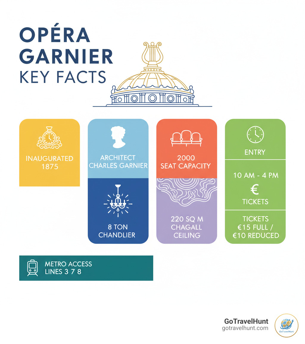 Infographic showing Opera Garnier key facts: Inaugurated 1875, Architect Charles Garnier, 2000 seat capacity, 8 ton chandelier, 220 square meter Chagall ceiling, Entry 10 AM to 4 PM, Ticket prices 15 euros full and 10 euros reduced, Metro access lines 3 7 8 - Opera Garnier visit infographic 