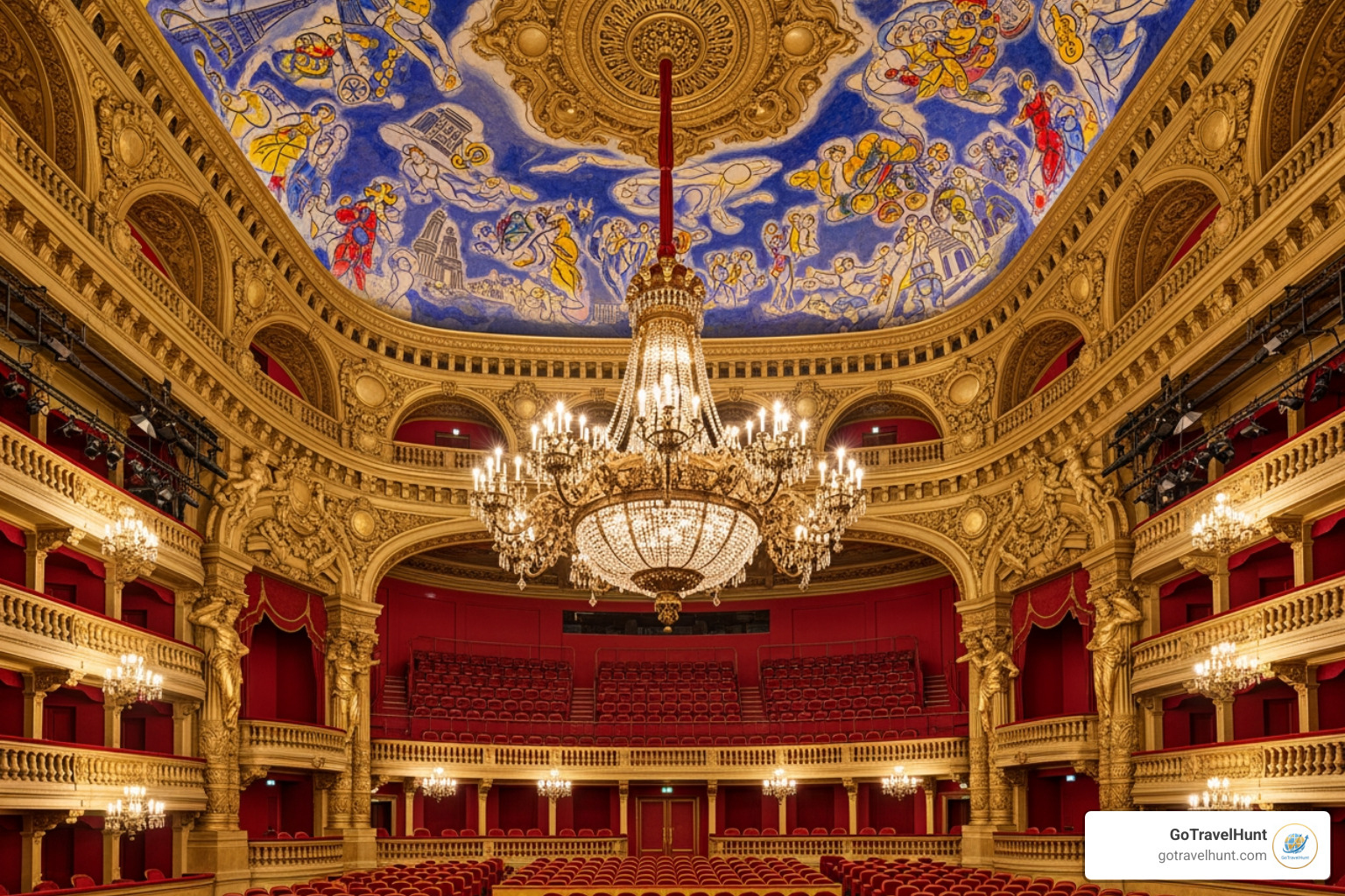 Auditorium of Opera Garnier with Chagall ceiling and chandelier - Opera Garnier visit