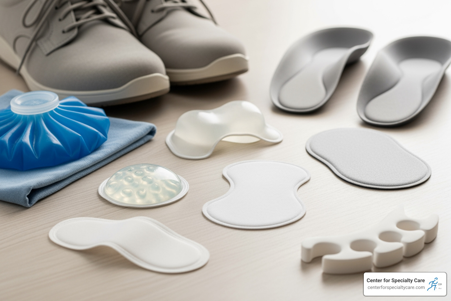 Various non-surgical relief items for bunions, including bunion pads, ice packs, comfortable wide-toe-box shoes, and shoe inserts - bunion pain relief
