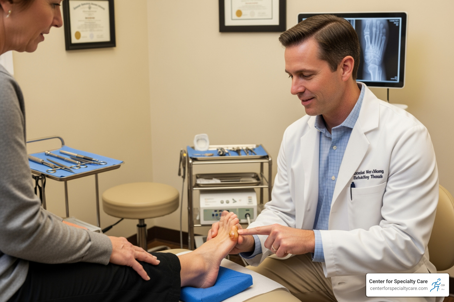 A doctor examining a patient's foot, pointing to the bunion area - bunion pain relief