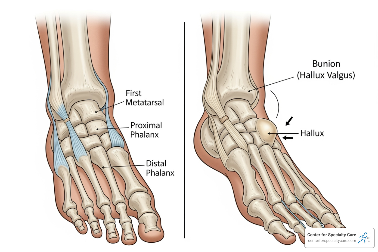 Illustration showing the anatomical difference between a normal foot and a foot with a bunion, highlighting the misalignment of the big toe joint - bunion pain relief