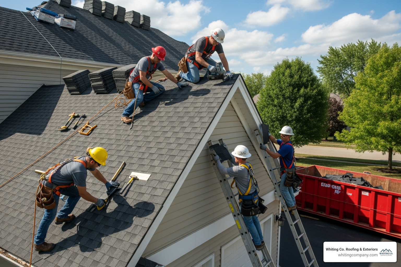 A roofing crew carefully installing new asphalt shingles on a suburban home, demonstrating precision and teamwork - residential roofing services