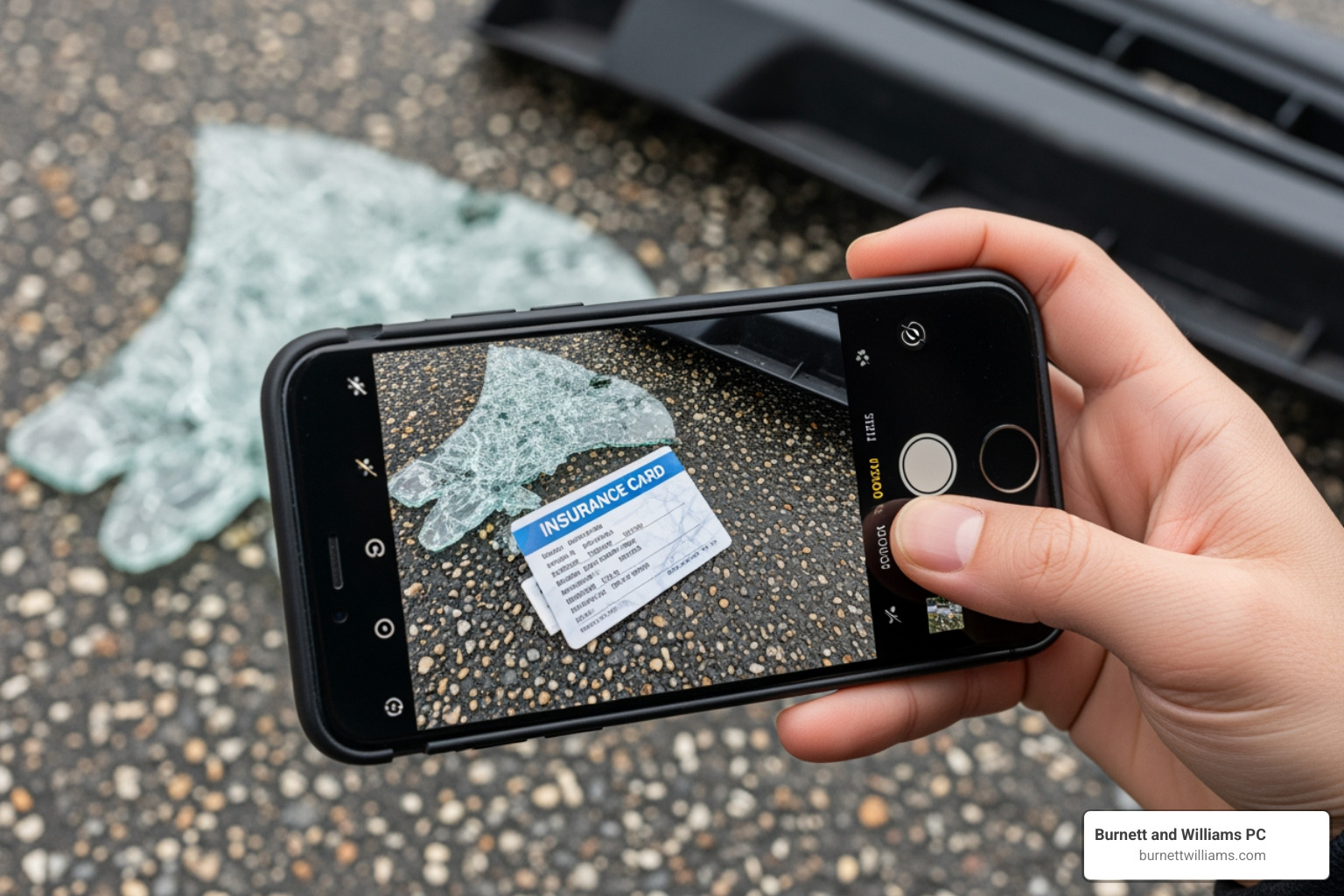A driver using their phone to take pictures of vehicle damage and insurance cards after a car accident - richmond auto accident lawyer A driver using their phone to take pictures of vehicle damage and insurance cards after a car accident - richmond auto accident lawyer