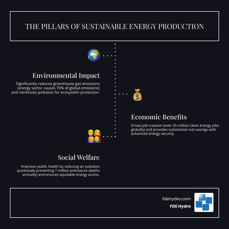 Infographic showing the three pillars of sustainable energy production: Environmental (low emissions, minimal pollution, ecosystem protection), Economic (job creation, cost savings, energy security), and Social (improved public health, energy access, equitable transition), with key statistics for each category including 76% of emissions from energy sector, 35 million clean energy jobs globally, and 7 million annual deaths from air pollution - sustainable energy production infographic infographic-line-3-steps-dark
