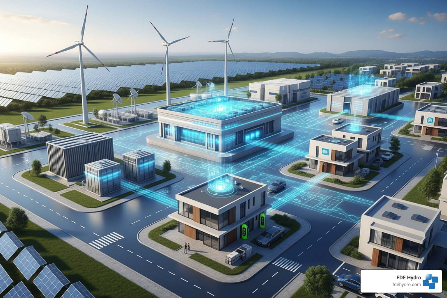 A futuristic smart grid concept with interconnected renewable energy sources, energy storage, electric vehicles, and smart homes - sustainable energy production