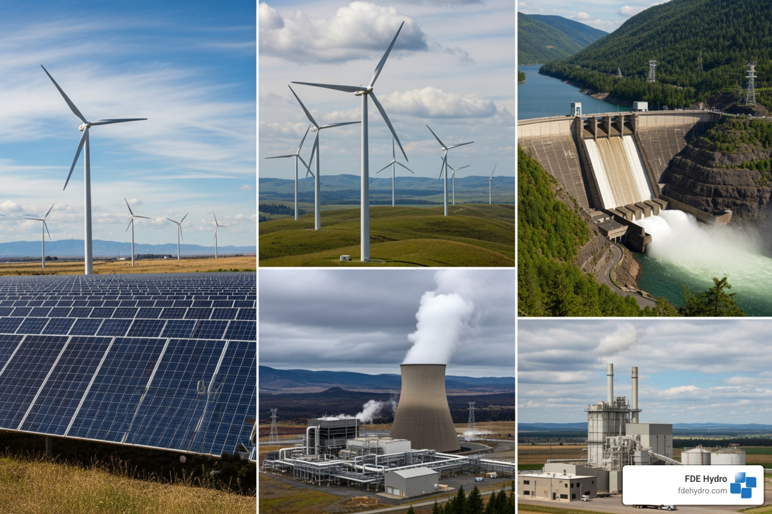 Sustainable energy sources collage: solar panels in a field, wind turbines on a hill, a large hydroelectric dam, a geothermal power plant, and a bioenergy plant - sustainable energy production