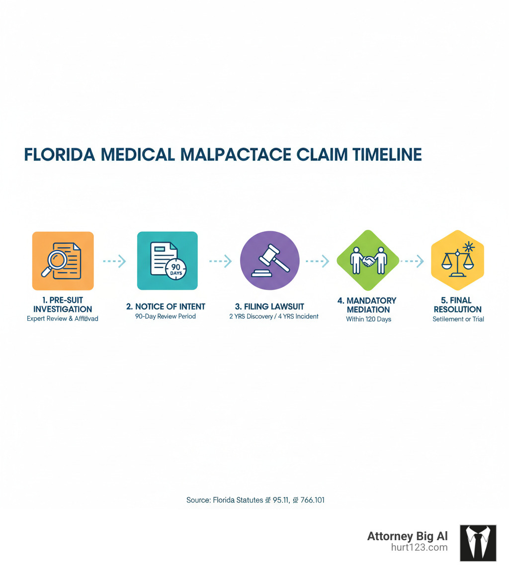 Infographic showing the complete timeline of a Florida medical malpractice claim: Pre-suit investigation phase with expert review and affidavit preparation, Notice of Intent served on provider triggering 90-day review period, filing lawsuit within statute of limitations (2 years from discovery/4 years from incident), mandatory mediation within 120 days, and final resolution through settlement or trial - Medical malpractice claims Florida infographic 