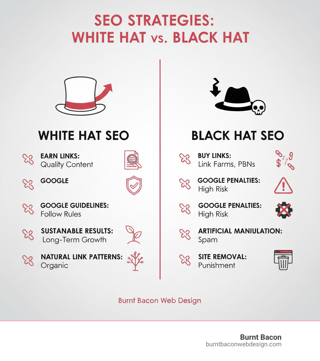 Infographic showing the core differences between White Hat SEO (earning links through quality content, following Google guidelines, sustainable long-term results, natural link patterns) versus Black Hat SEO (buying links, link farms and PBNs, risk of Google penalties, artificial manipulation, potential site removal) - white hat seo link building utah infographic 