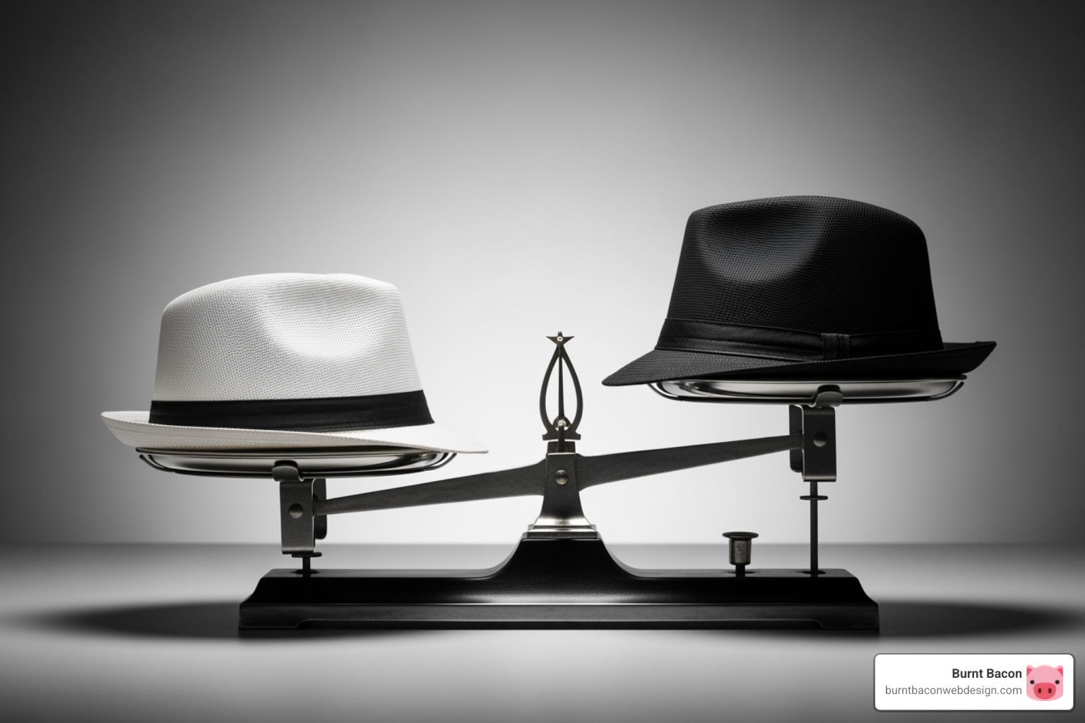 Image of a scale balancing a white hat (labeled 'Long-Term Growth') and a black hat (labeled 'High Risk') - white hat seo link building utah