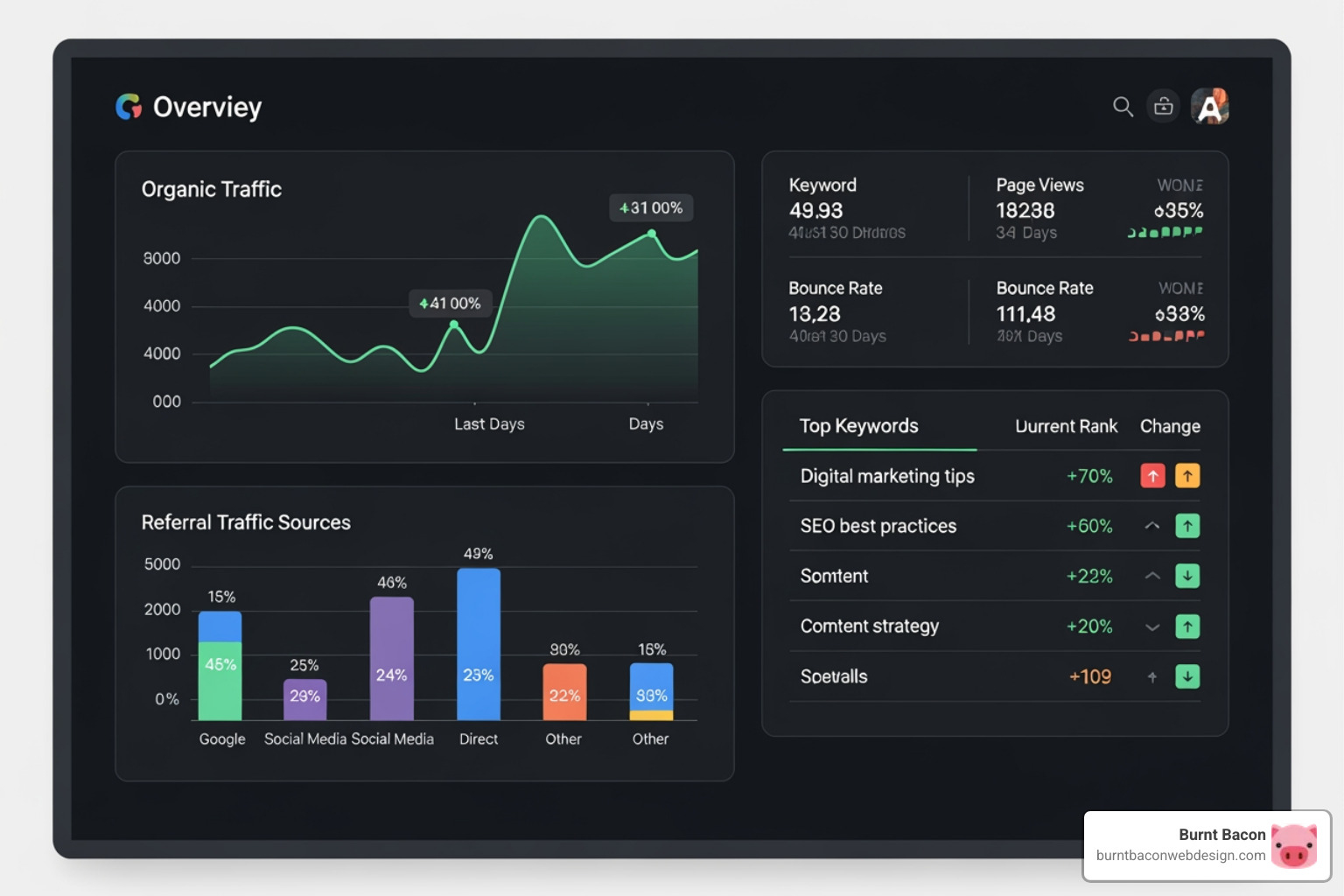 Image of a dashboard showing key SEO metrics like organic traffic growth, keyword ranking improvements, and referral traffic sources - white hat seo link building utah