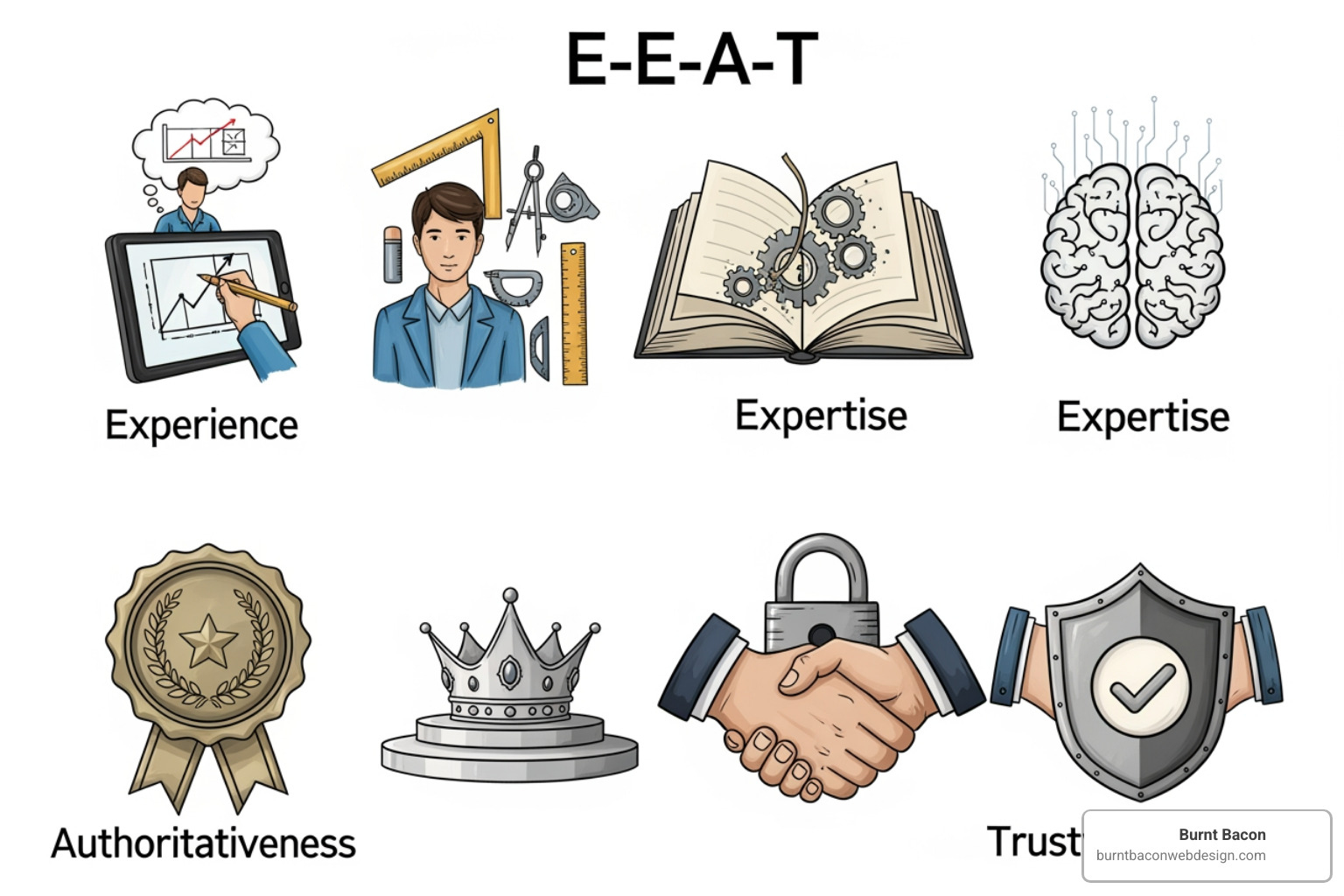 E-E-A-T concept illustrated with icons: a person drawing for Experience, a book for Expertise, a badge for Authoritativeness, and a handshake for Trustworthiness. - SEO content writing E-E-A-T concept illustrated with icons: a person drawing for Experience, a book for Expertise, a badge for Authoritativeness, and a handshake for Trustworthiness. - SEO content writing