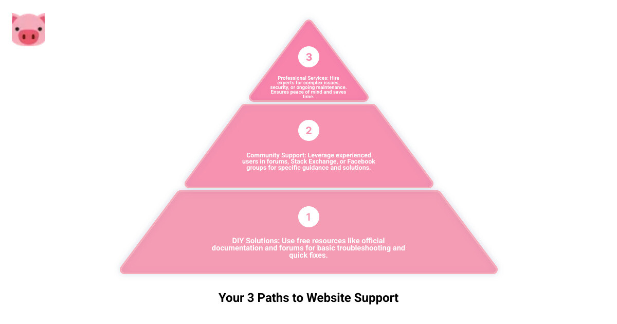 Infographic showing three paths to website support: DIY Resources (WordPress Forums, Documentation, Stack Exchange) with tools icon; Community Support (Facebook Groups, Support Volunteers, User Forums) with people icon; and Professional Services (One-time Fixes, Monthly Maintenance, Full-Service Agencies) with expert icon. Each path shows typical use cases and time investment required. - WordPress site help infographic 3_stage_pyramid Infographic showing three paths to website support: DIY Resources (WordPress Forums, Documentation, Stack Exchange) with tools icon; Community Support (Facebook Groups, Support Volunteers, User Forums) with people icon; and Professional Services (One-time Fixes, Monthly Maintenance, Full-Service Agencies) with expert icon. Each path shows typical use cases and time investment required. - WordPress site help infographic 3_stage_pyramid