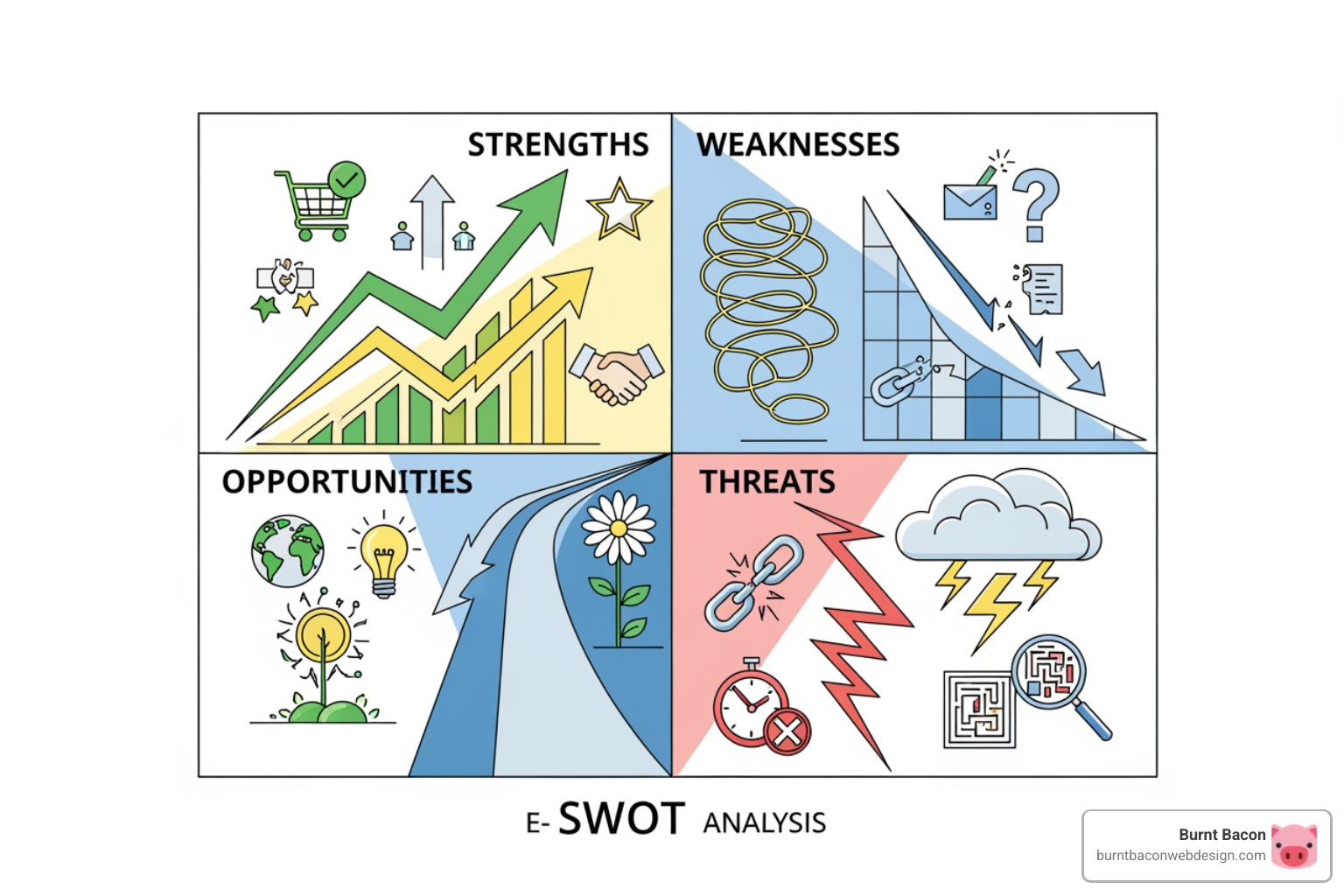 image of a SWOT analysis grid filled out for a fictional eCommerce brand - competitor analysis ecommerce image of a SWOT analysis grid filled out for a fictional eCommerce brand - competitor analysis ecommerce