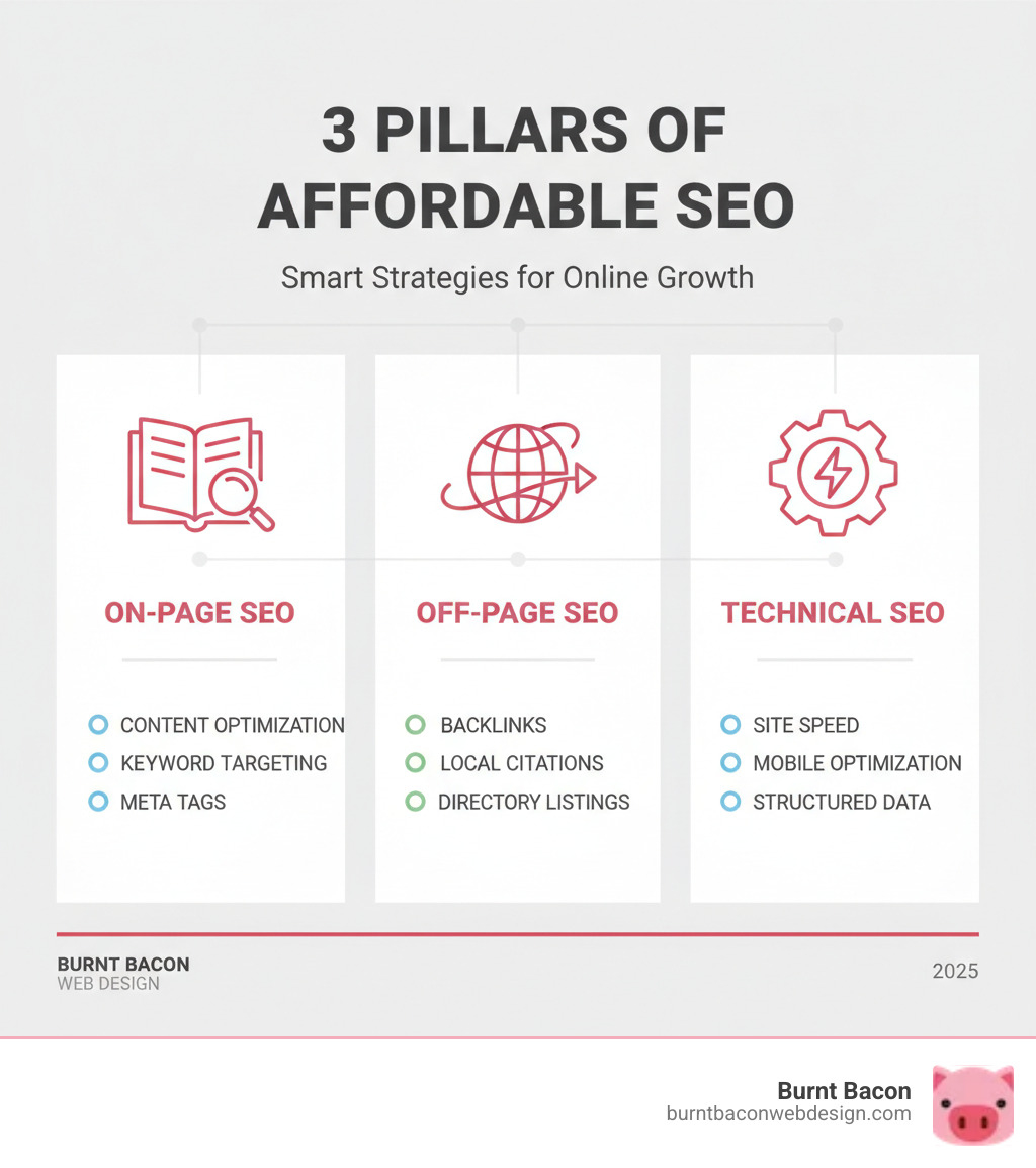 Infographic showing the 3 pillars of affordable SEO: On-Page SEO (content optimization, keyword targeting, meta tags), Off-Page SEO (backlinks, local citations, directory listings), and Technical SEO (site speed, mobile optimization, structured data) - affordable SEO services infographic 