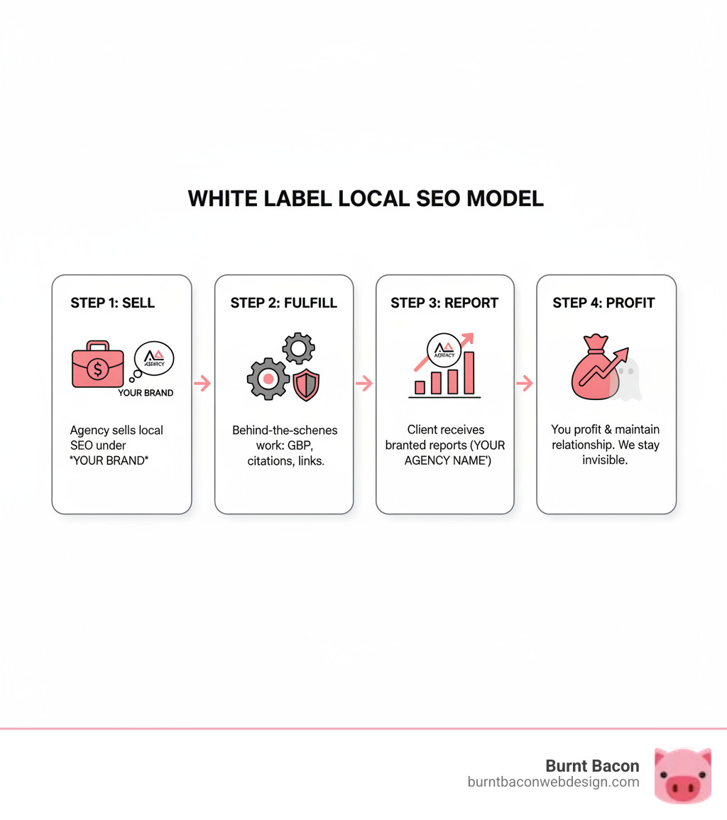 Infographic showing the white label local SEO model: Step 1 - Your agency sells local SEO service to client under your brand; Step 2 - Burnt Bacon fulfills all technical work including GBP optimization, citations, and link building; Step 3 - Client receives branded reports and results showing only your agency name; Step 4 - You maintain the relationship and profit margin while we stay invisible - white label local SEO infographic Infographic showing the white label local SEO model: Step 1 - Your agency sells local SEO service to client under your brand; Step 2 - Burnt Bacon fulfills all technical work including GBP optimization, citations, and link building; Step 3 - Client receives branded reports and results showing only your agency name; Step 4 - You maintain the relationship and profit margin while we stay invisible - white label local SEO infographic