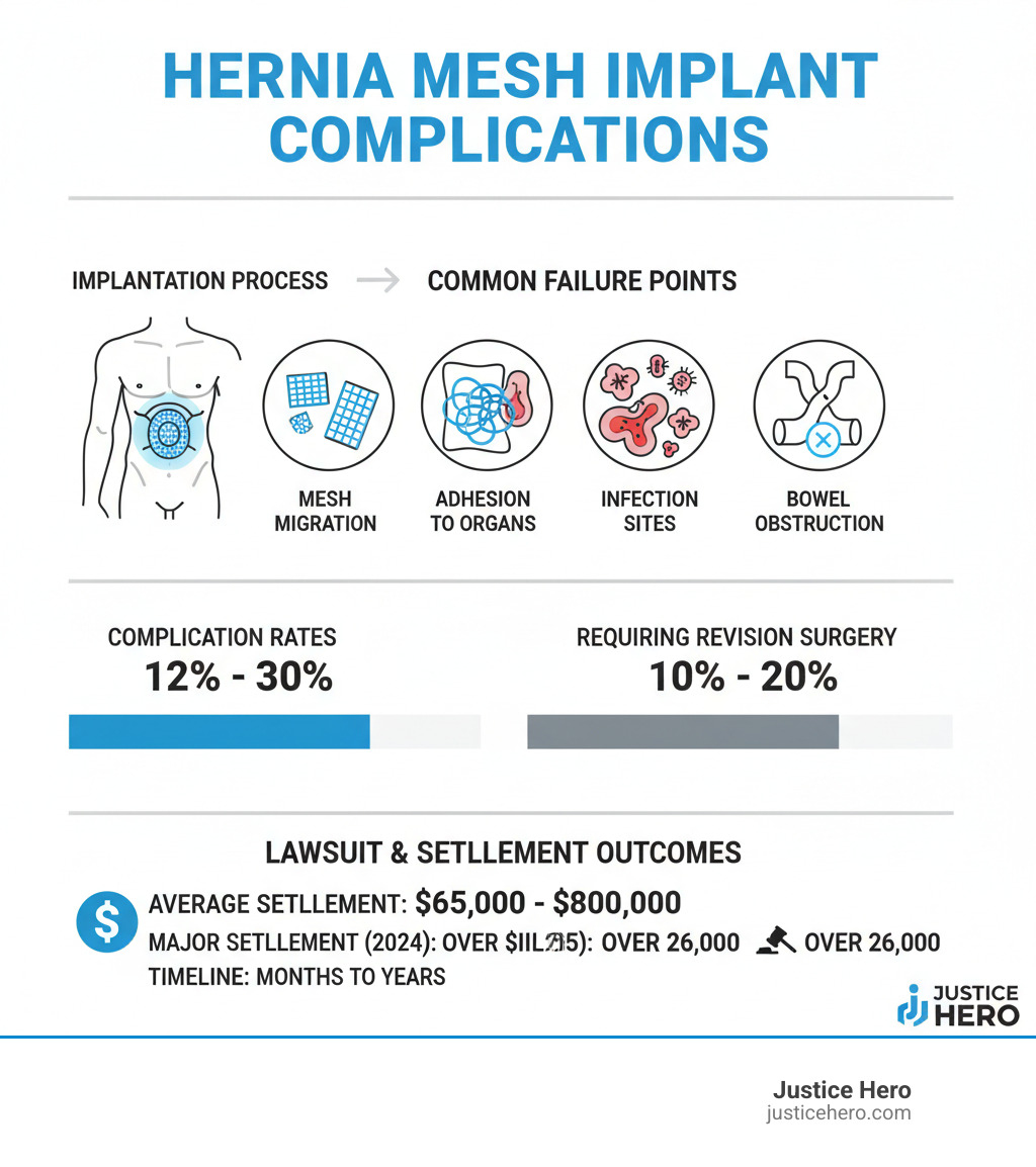 detailed infographic showing hernia mesh implantation process, common failure points including mesh migration, adhesion to organs, infection sites, and bowel obstruction, with statistics on complication rates and settlement outcomes - hernia mesh lawsuit settlements infographic 
