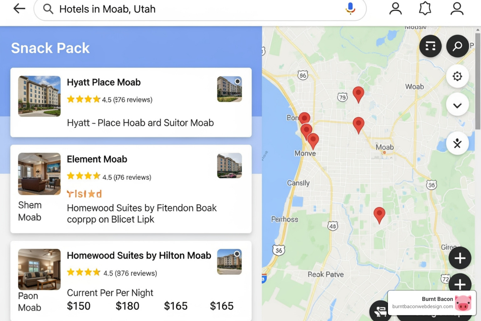 Google Maps snack pack for hotels in Moab Utah - hotel search engine optimization