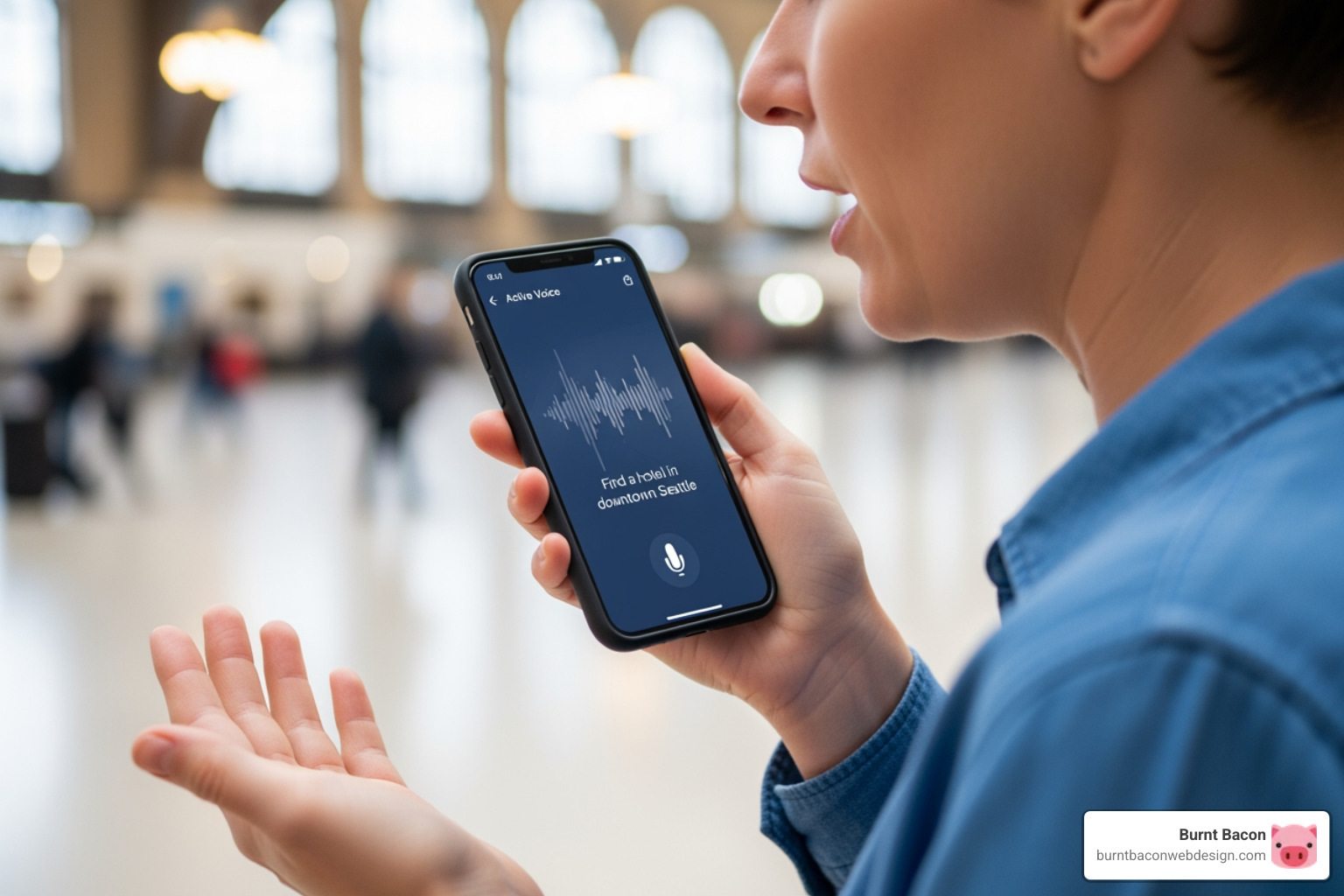 person using voice search on smartphone to find hotel - hotel search engine optimization