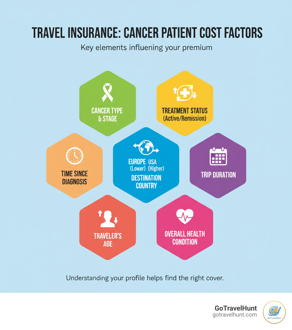 Infographic showing key cost factors for cancer patient travel insurance: cancer type and stage, treatment status (active vs remission), time since diagnosis, destination country (Europe cheaper than USA), trip duration, traveler's age, and overall health condition - average cost of travel insurance with cancer infographic 