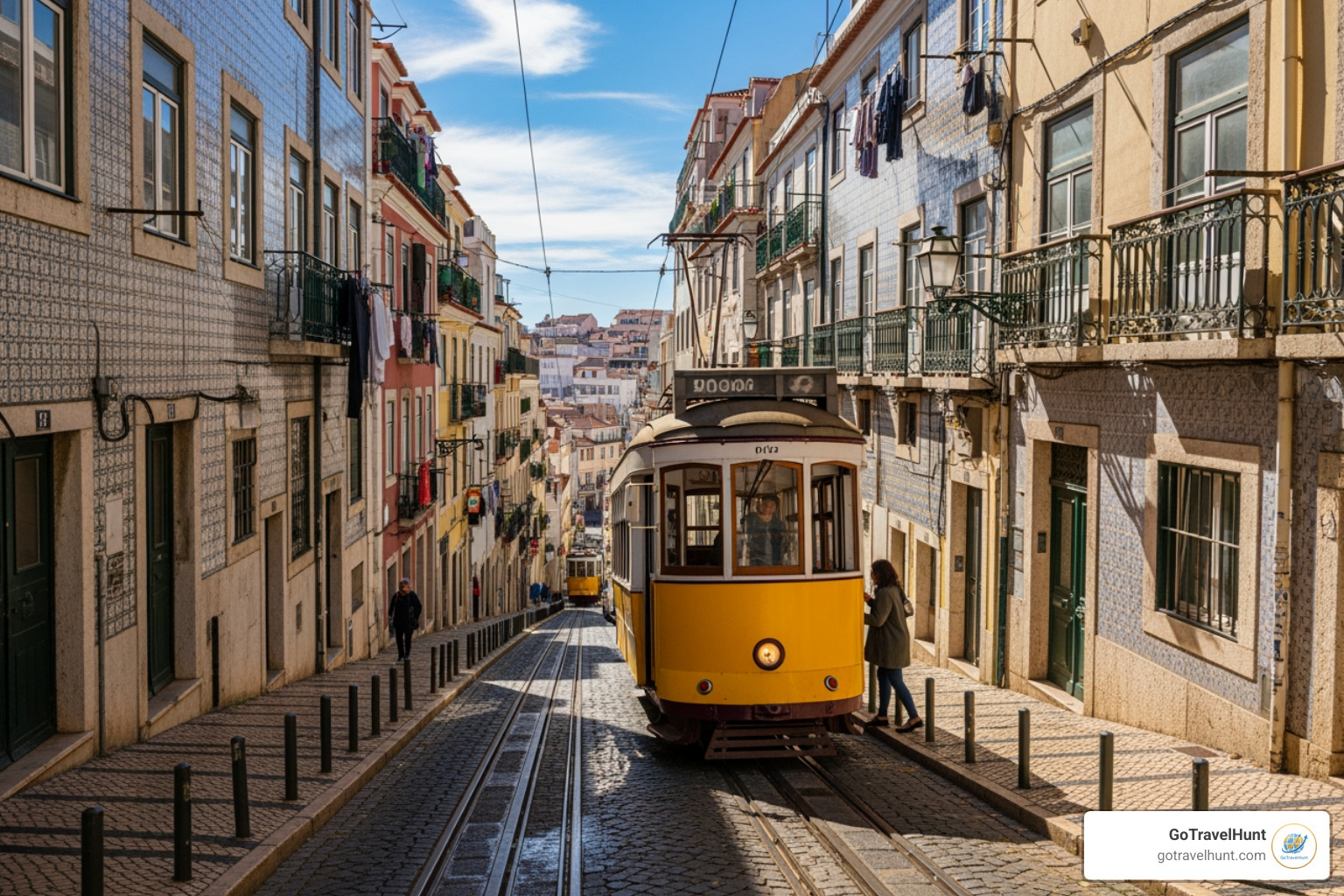 classic yellow tram on a hilly Lisbon street - top 10 places to travel solo