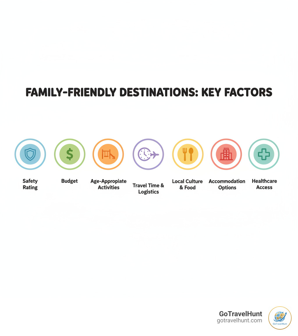 infographic showing key factors for choosing family-friendly destinations: Safety rating with shield icon, Budget considerations with dollar sign, Age-appropriate activities with playground icon, Travel time and logistics with clock and plane, Local culture and food with utensils, Accommodation options with hotel icon, Healthcare access with medical cross - best international trips with kids infographic infographic showing key factors for choosing family-friendly destinations: Safety rating with shield icon, Budget considerations with dollar sign, Age-appropriate activities with playground icon, Travel time and logistics with clock and plane, Local culture and food with utensils, Accommodation options with hotel icon, Healthcare access with medical cross - best international trips with kids infographic