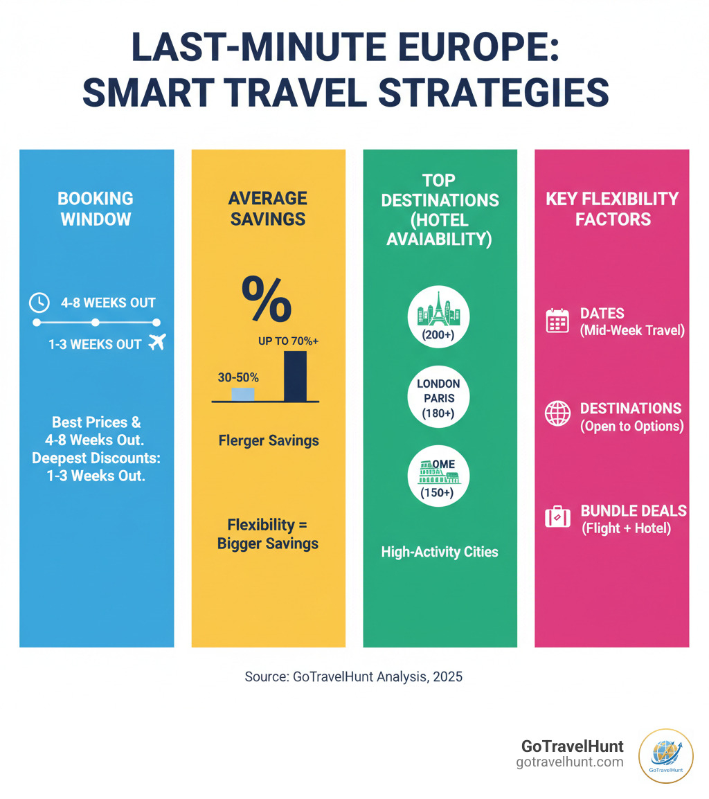Infographic showing timeline of booking windows, average savings percentages, top destinations with hotel availability numbers, and key flexibility factors for last-minute European travel success - last minute holiday europe infographic Infographic showing timeline of booking windows, average savings percentages, top destinations with hotel availability numbers, and key flexibility factors for last-minute European travel success - last minute holiday europe infographic
