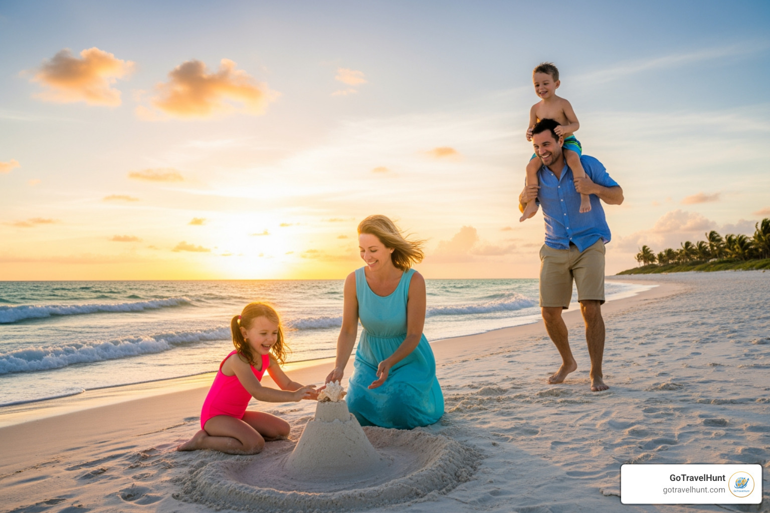 family playing on a white sand beach - best international trips with kids family playing on a white sand beach - best international trips with kids