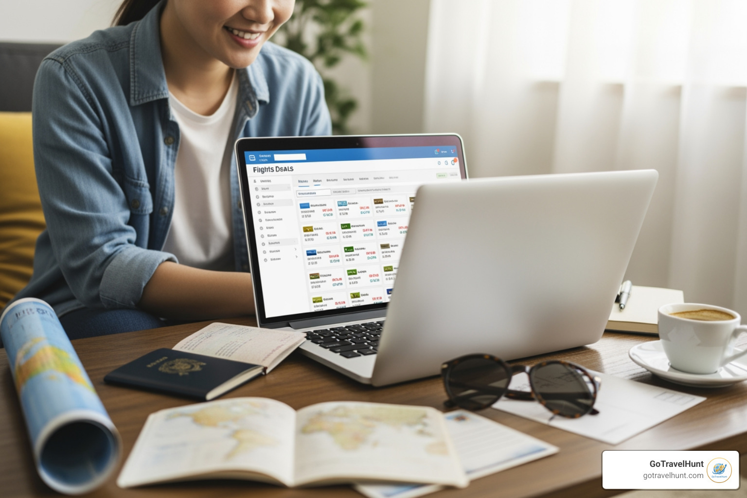 A person happily browsing flight deals on a laptop, surrounded by travel items like a passport, map, and sunglasses - last minute holiday europe A person happily browsing flight deals on a laptop, surrounded by travel items like a passport, map, and sunglasses - last minute holiday europe