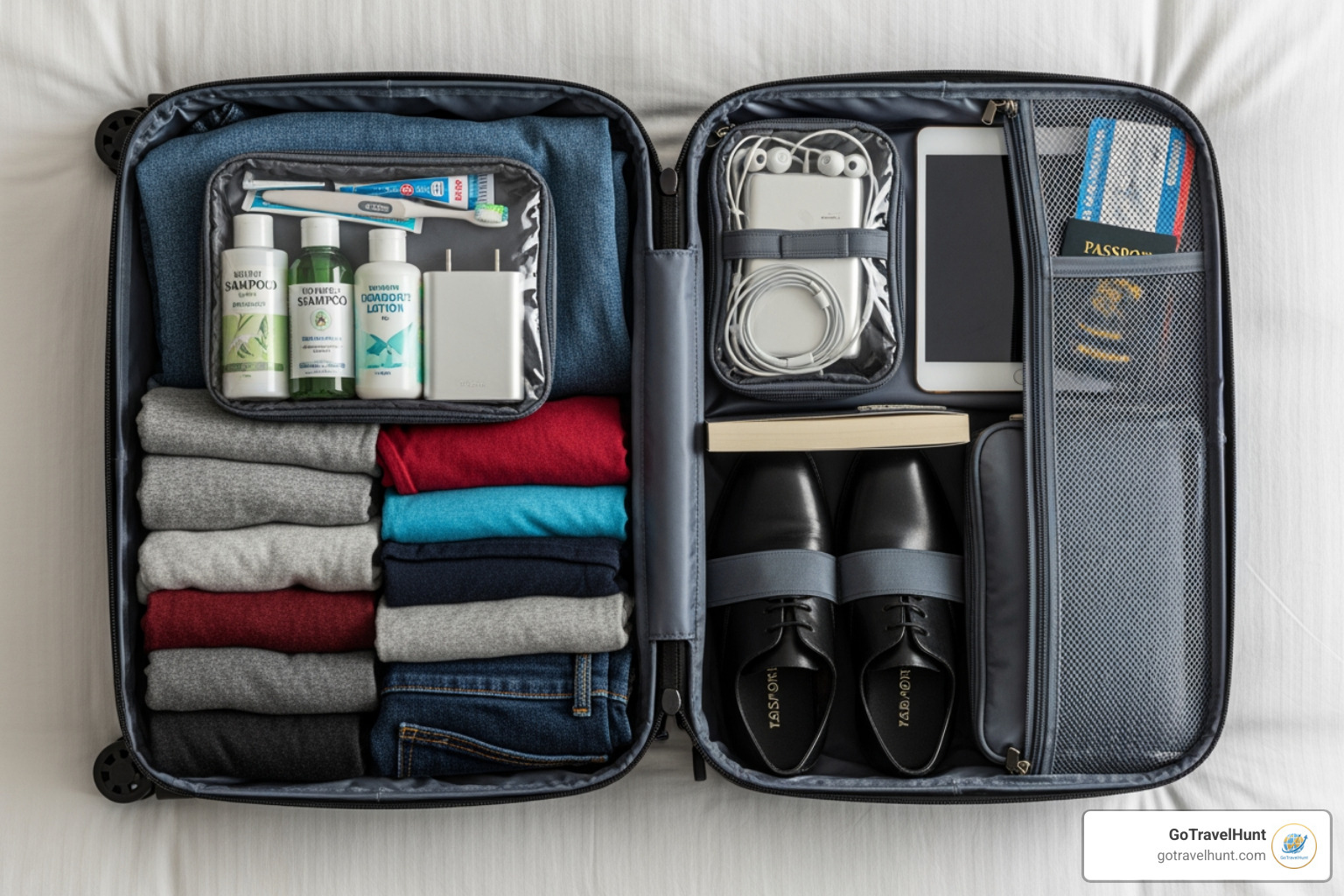 A neatly packed carry-on suitcase, open to reveal organized clothes and travel essentials, ready for a quick getaway - last minute holiday europe A neatly packed carry-on suitcase, open to reveal organized clothes and travel essentials, ready for a quick getaway - last minute holiday europe