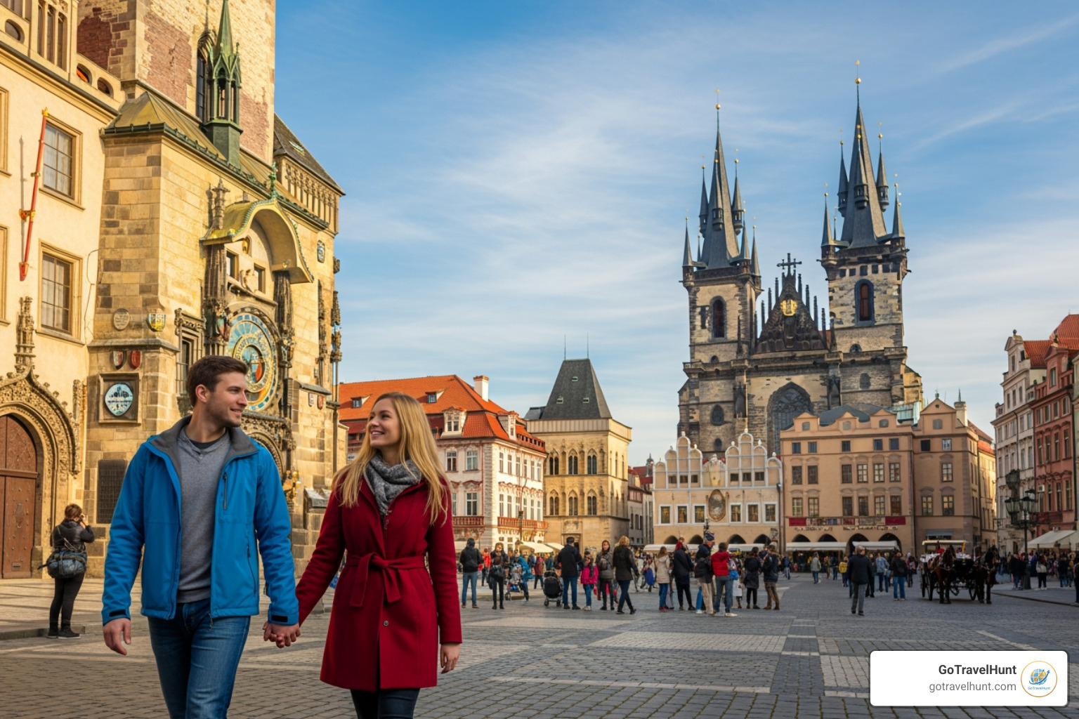 couple exploring Prague's Old Town Square - inexpensive vacations for couples