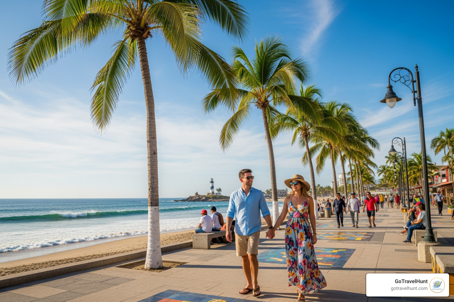 couple exploring Mazatlán's Malecón boardwalk - inexpensive vacations for couples