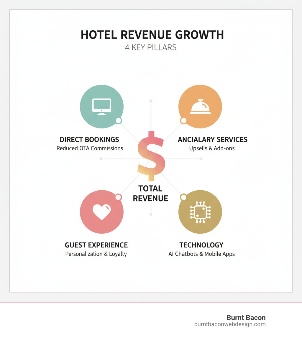 infographic showing the four key pillars of hotel revenue growth: a computer icon labeled Direct Bookings showing reduced OTA commissions, a bell icon labeled Ancillary Services showing upsells and add-ons, a heart icon labeled Guest Experience showing personalization and loyalty, and a circuit icon labeled Technology showing AI chatbots and mobile apps, all connected to a central dollar sign representing total revenue - boost hotel revenue infographic infographic showing the four key pillars of hotel revenue growth: a computer icon labeled Direct Bookings showing reduced OTA commissions, a bell icon labeled Ancillary Services showing upsells and add-ons, a heart icon labeled Guest Experience showing personalization and loyalty, and a circuit icon labeled Technology showing AI chatbots and mobile apps, all connected to a central dollar sign representing total revenue - boost hotel revenue infographic