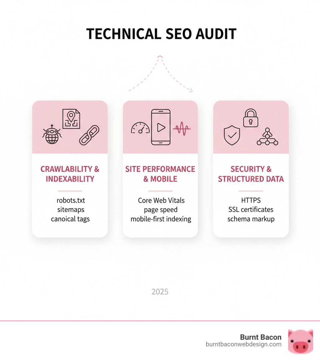 Infographic showing the three main pillars of a technical SEO audit: Crawlability and Indexability (robots.txt, sitemaps, canonical tags), Site Performance and Mobile (Core Web Vitals, page speed, mobile-first indexing), and Security and Structured Data (HTTPS, SSL certificates, schema markup) - Technical SEO audit infographic 