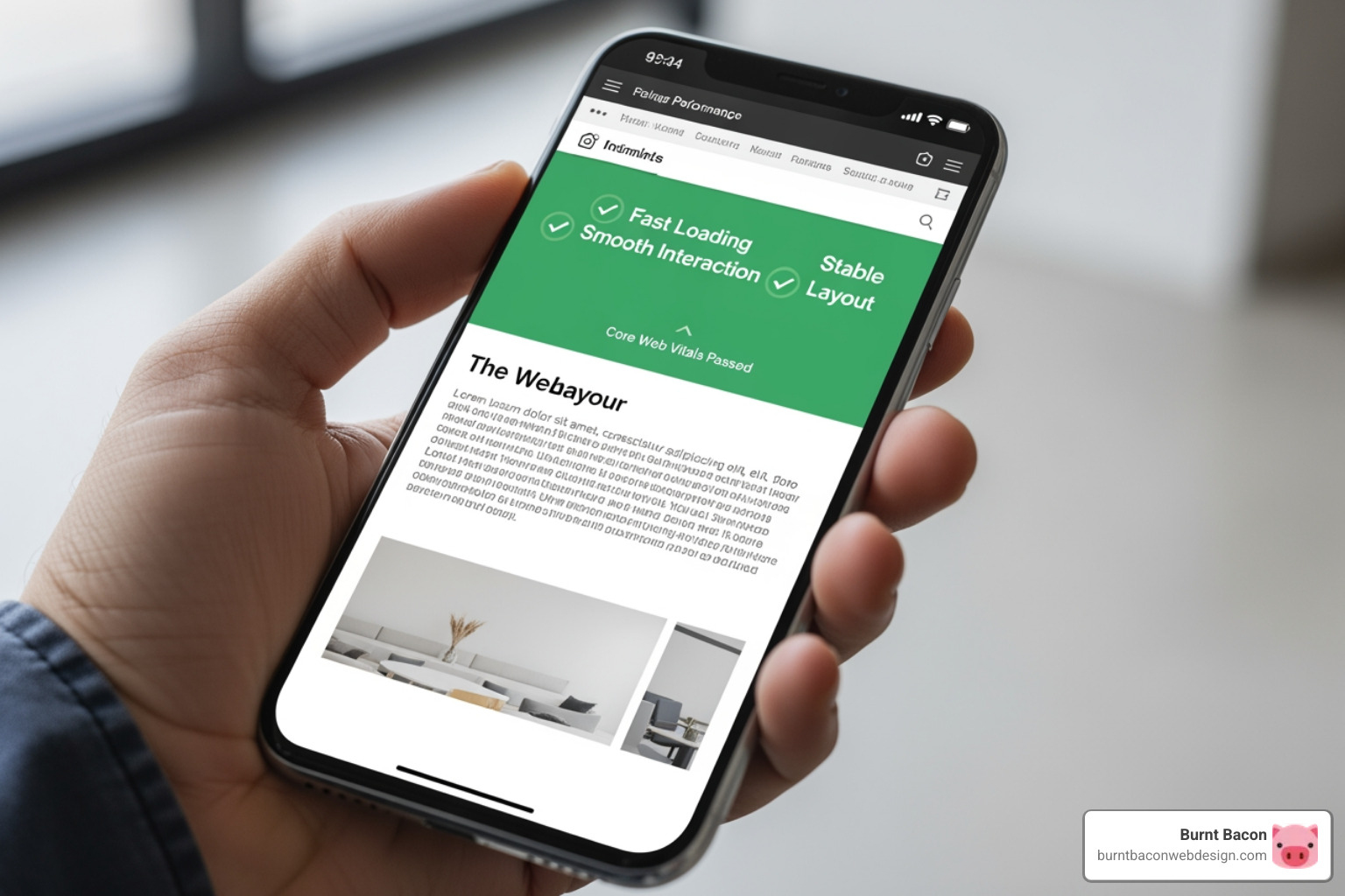 Mobile phone displaying a website passing Core Web Vitals - Technical SEO audit