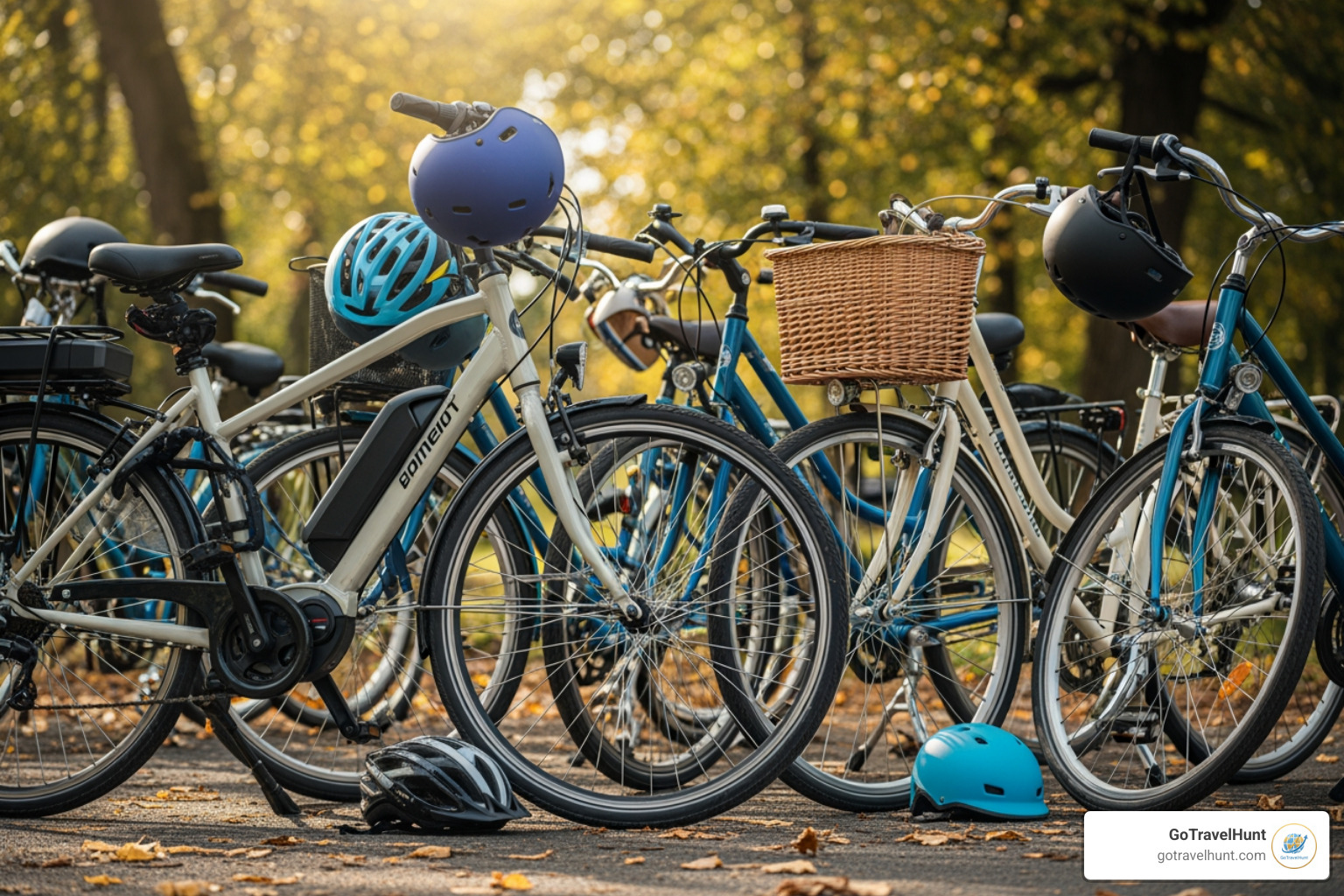 various bikes including e-bikes and classic city bikes with helmets - Bike tours Paris