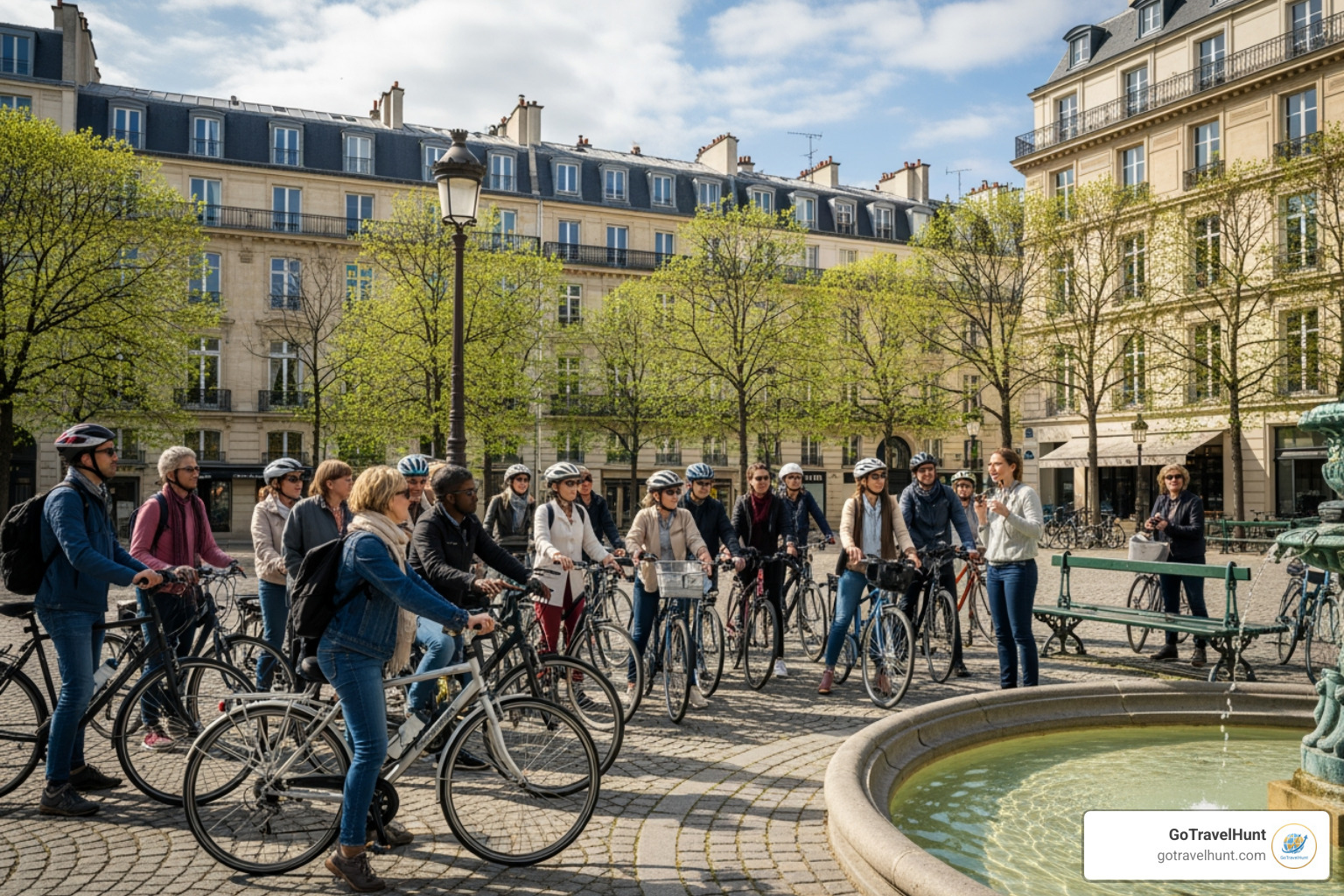 a diverse group of people listening to a tour guide on their bikes in a charming Parisian square - Bike tours Paris