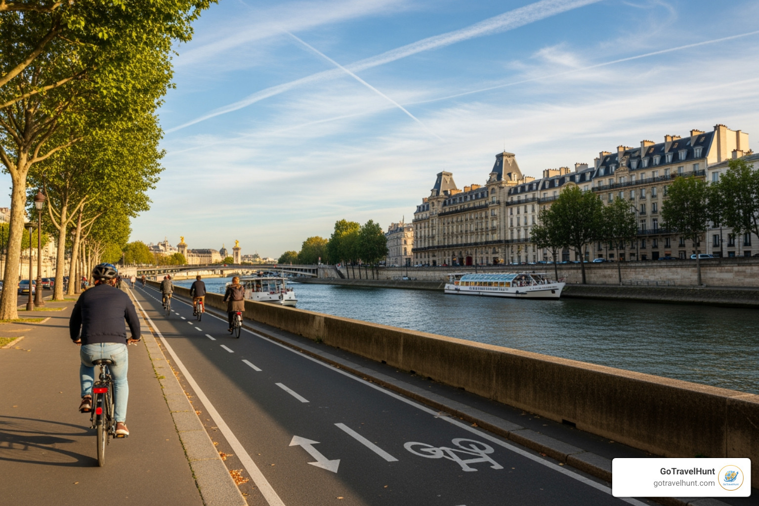 a dedicated, protected bike lane along the Seine River - Bike tours Paris