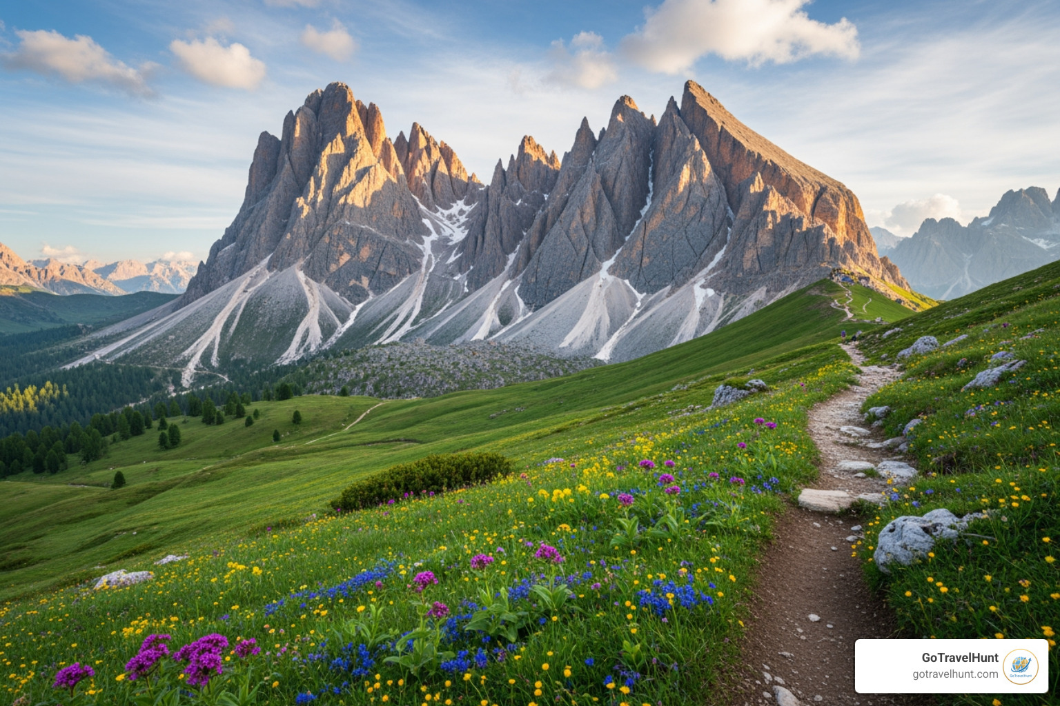 The majestic peaks of the Dolomites in Italy, with a winding hiking trail leading through an alpine meadow - Mountain hiking trips