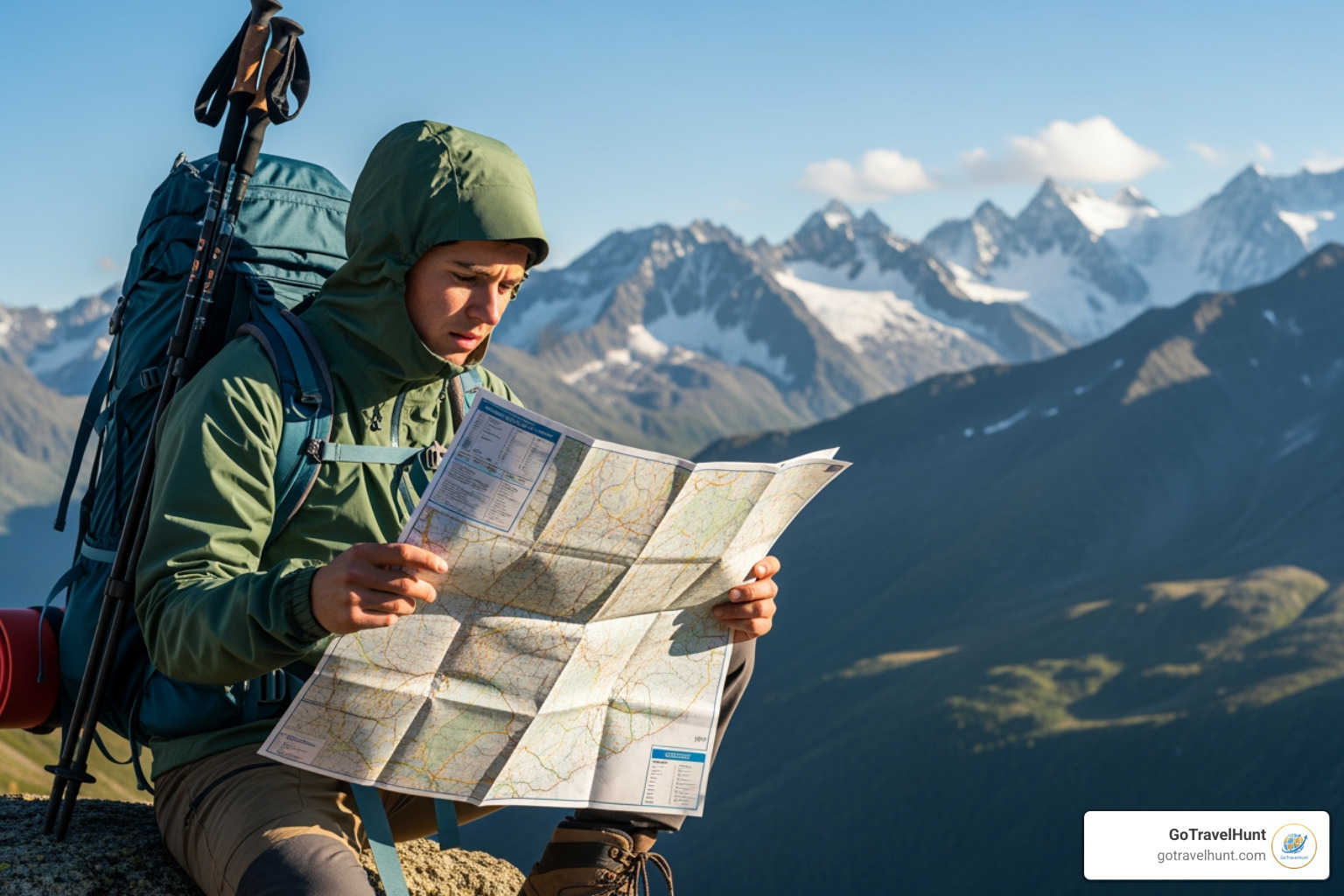 Hiker checking a map with mountains in the background - Mountain hiking trips