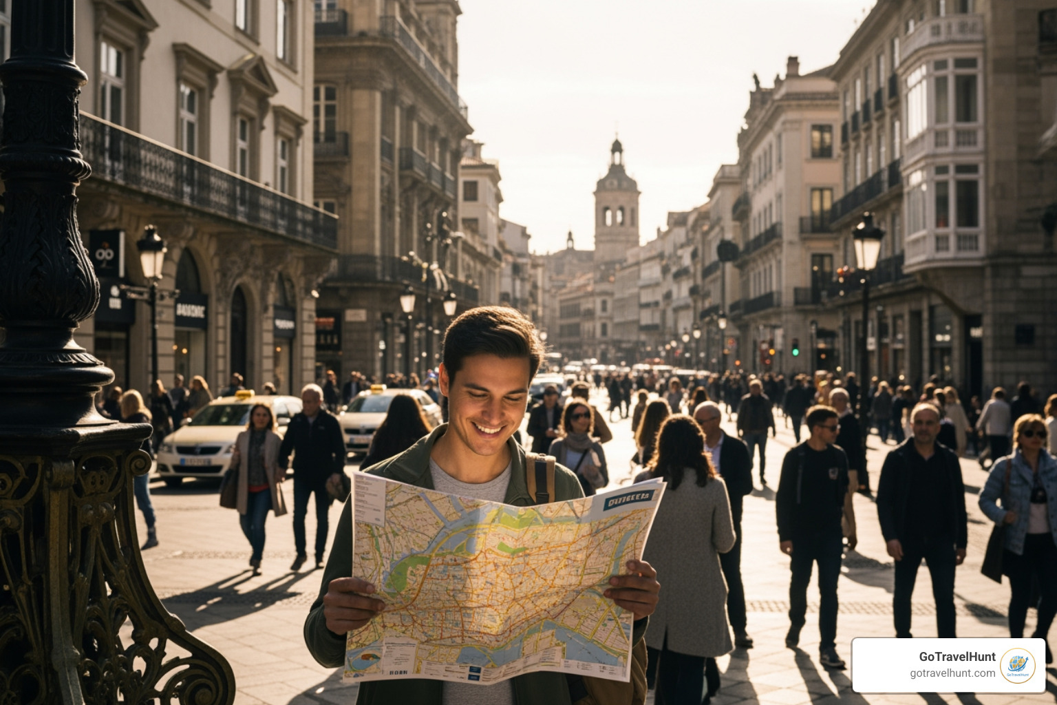 person happily using map in foreign city - trip planning guide person happily using map in foreign city - trip planning guide