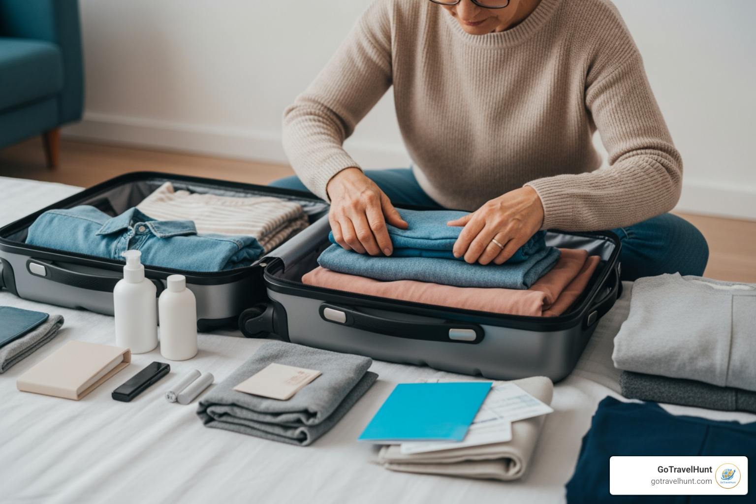 person packing suitcase with travel essentials - vacations for single people over 50