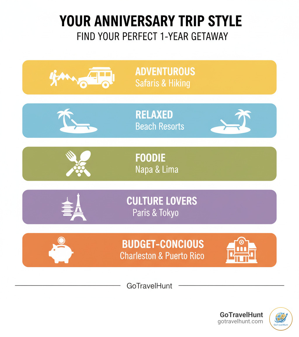 infographic showing how to choose anniversary destinations based on couple type: adventurous couples prefer safaris and hiking; relaxed couples choose beach resorts; foodie couples select culinary destinations like Napa or Lima; culture lovers explore cities like Paris or Tokyo; budget-conscious couples find charm in Charleston or Puerto Rico - 1 year anniversary destinations infographic infographic showing how to choose anniversary destinations based on couple type: adventurous couples prefer safaris and hiking; relaxed couples choose beach resorts; foodie couples select culinary destinations like Napa or Lima; culture lovers explore cities like Paris or Tokyo; budget-conscious couples find charm in Charleston or Puerto Rico - 1 year anniversary destinations infographic