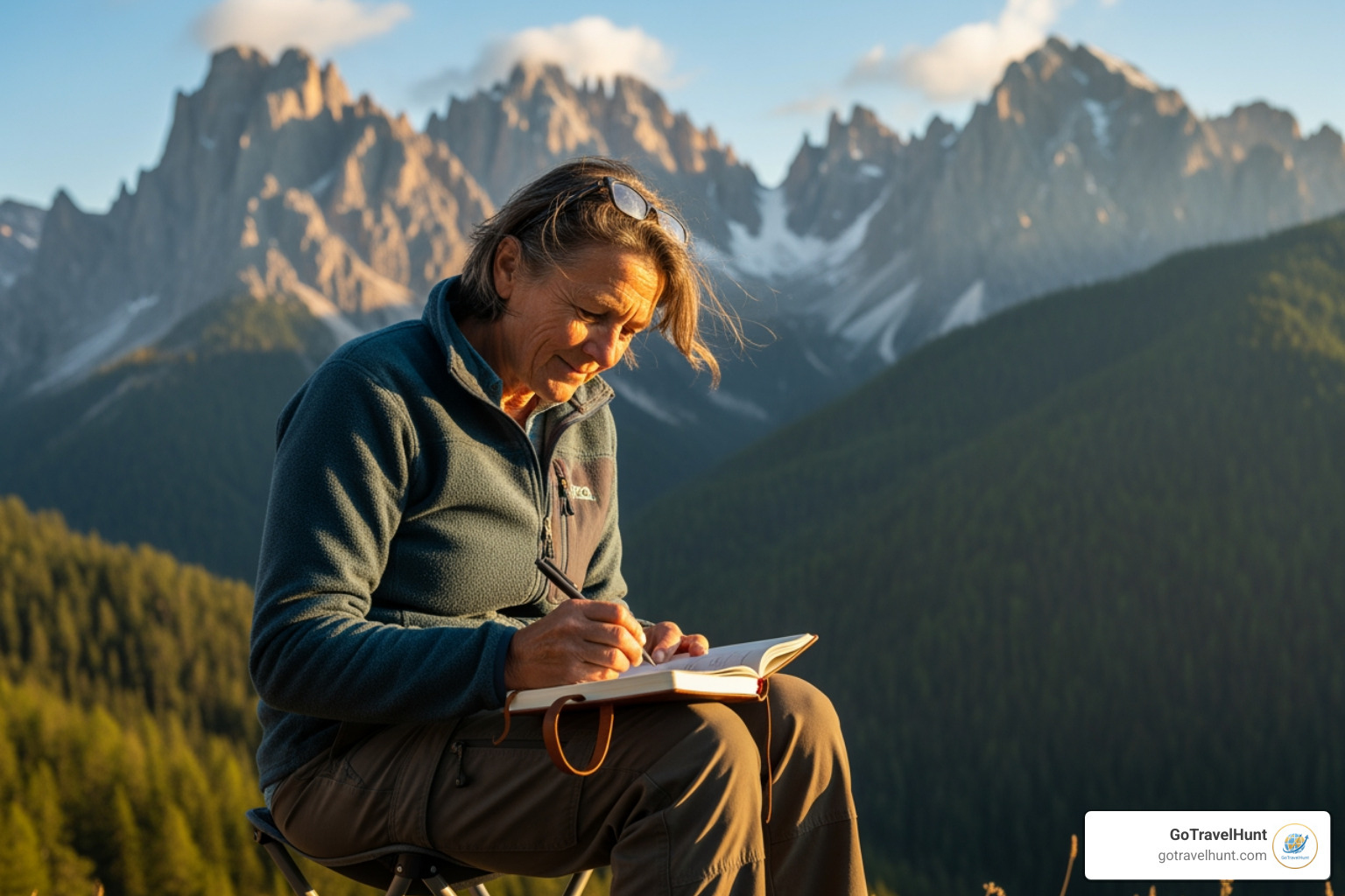 person over 50 journaling with scenic mountain view - vacations for single people over 50