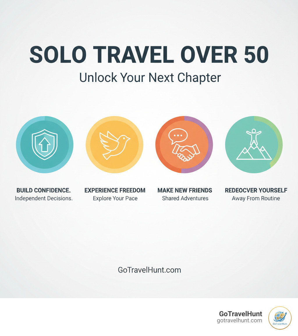 infographic showing key benefits of solo travel over 50 - vacations for single people over 50 infographic 