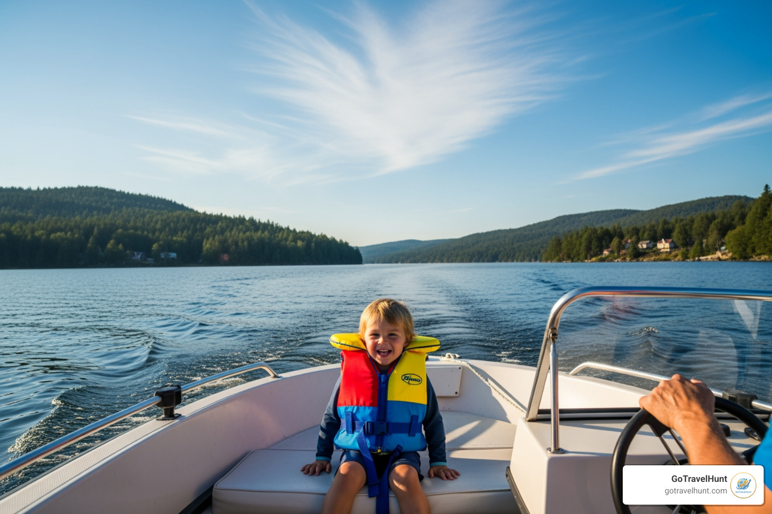 child wearing a life jacket on a boat - family travel safety tips child wearing a life jacket on a boat - family travel safety tips